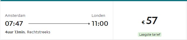Schermafbeelding van het laagste Eurostar-tarief Amsterdam-Londen, juni 2023