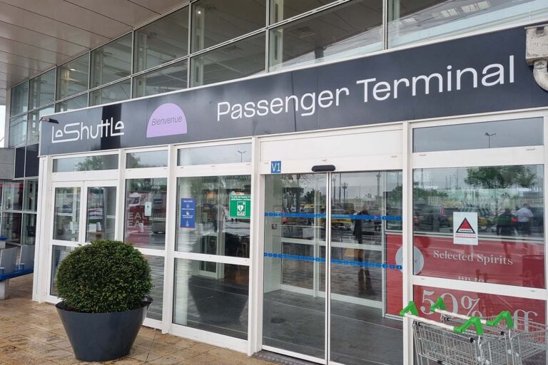 Entrance of the Eurotunnel passenger terminal in Calais.