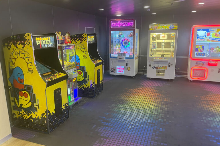 On board the P&O Pioneer, there are Pacman arcade games and claw machines for children.